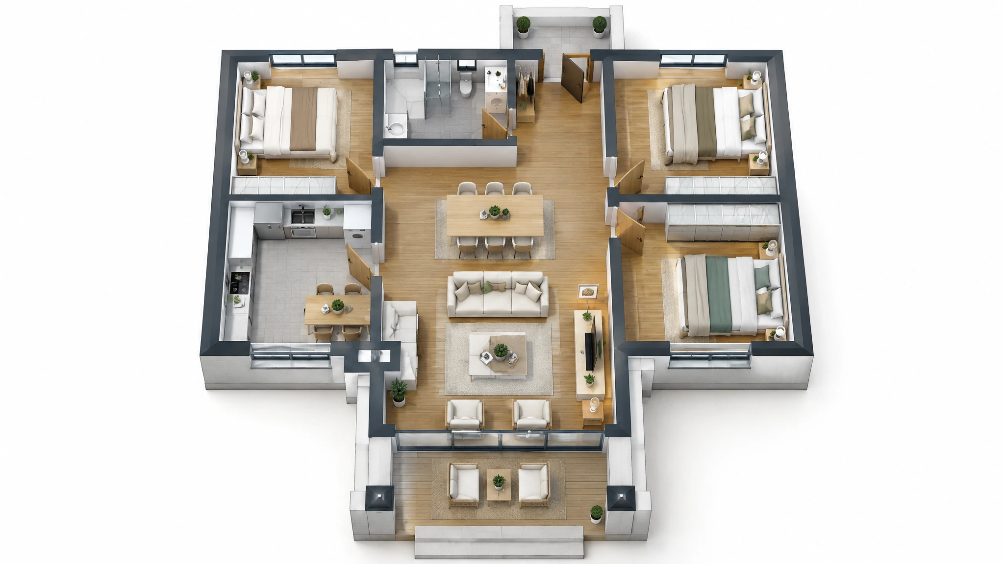 Modern mobilyalı kuşbakışı 3B plan — temsili dekorasyon